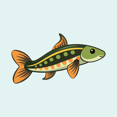 Stylized cartoon fish illustration with green, orange, and yellow colors on light blue