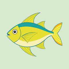 Cartoon illustration of a yellow and blue colored stylized tropical fish