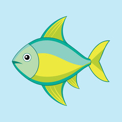 Cartoon fish with green and yellow colors swimming in a blue background