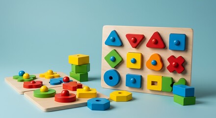 Colorful wooden puzzle with geometric shapes scattered on a light blue surface, promoting early childhood development and cognitive skills through playful learning.