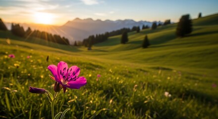 Fototapeta premium Vibrant Wildflower Blooms in a Serene Mountain Meadow at Sunrise