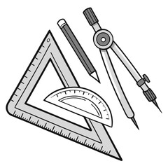 Drafting Tools Including Compass, Ruler, Protractor and Pencil on White Background geometry