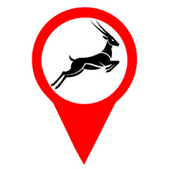 Antelope habitats: A black silhouette of an antelope jumping inside a red location anchor vector icon