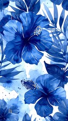 Vibrant blue hibiscus flowers and tropical leaves