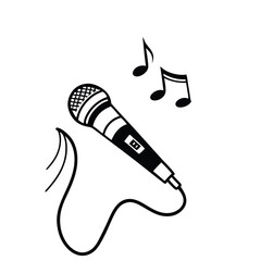 Hand Drawn Microphone with Musical Notes and Sound Waves on White Background singing audio