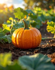 Obraz premium A vibrant orange pumpkin sits in a field, surrounded by lush green foliage, bathed in warm, golden sunlight