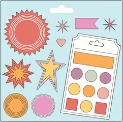 Colorful sticker pack with stars, circles, and shapes in playful pastel tones. Decorative collection perfect for crafts, scrapbooking, and fun projects. Modern creative template for print and digital 