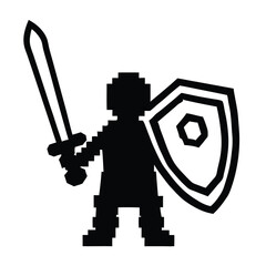 Pixelated black warrior holds sword and shield, isolated against a white backdrop, looks ready