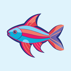 Stylized Fish Illustration with Vibrant Colors and Geometric Designs on Blue
