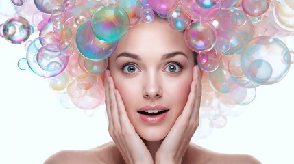 close up of woman with surprised facial expression and a lots of soap bubbles on the hair around 