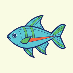 Stylized Blue Fish Illustration with Orange and Green Accents on Cream Background
