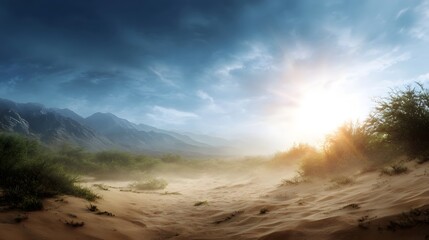 A dramatic desert landscape with rolling sand dunes sparse vegetation and distant mountains under a bright cloudy sky with warm sunlight