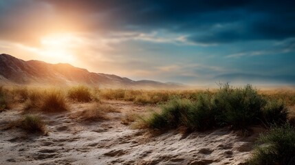 A dramatic desert landscape with mountains dry vegetation and a sunlit cloudy sky