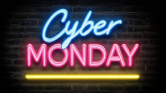 Neon glowing Cyber Monday sale text bright light sign shopping discount promotion digital advertising banner marketing label isolated on white background - Powered by Adobe