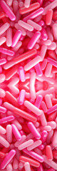 vertical image of pink and red probiotics pills scattered on a solid background. probiotics pills pink red vertical story. health supplements flat lay reel. capsules scattered minimal background