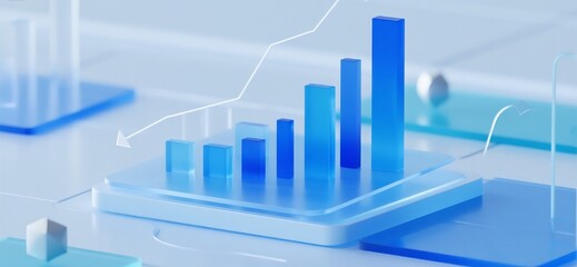 Fototapeta premium Abstract business background with 3D geometric shapes, neon blue gradient, dynamic lines symbolizing growth and digital transformation. Generative AI.