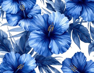 Vibrant blue hibiscus flowers and tropical leaves on a white background