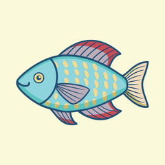 Cartoon illustration of a cute blue fish with golden spots swimming happily