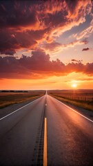 Straight Empty Road Leading To Horizon At Sunset With Colorful Sky Symbolizing Journey And Freedom