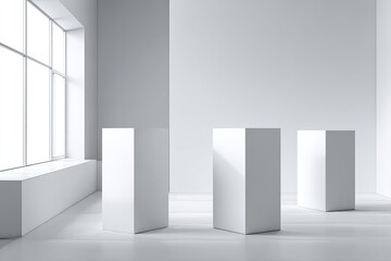 Obraz premium Empty white room with three white display cubes