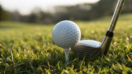 Close Up of Golf Ball on Tee with Club Beside on Green Grass for Sport Preparation Concept