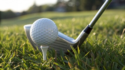 Close Up of Golf Ball on Tee with Club Beside on Green Grass for Sport Preparation Concept