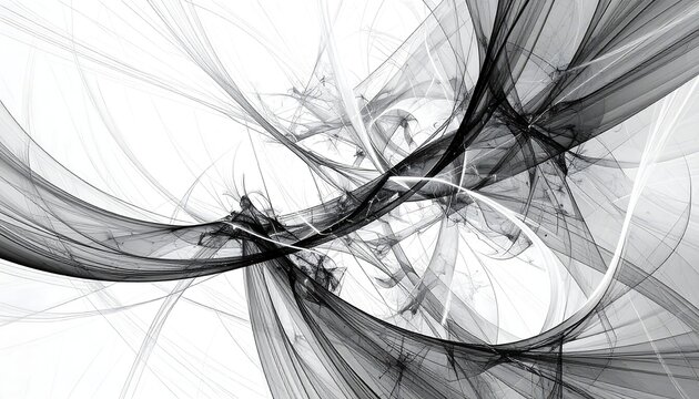 Abstract grayscale artwork featuring swirling, translucent, and interwoven lines creating a dynamic, ethereal composition
