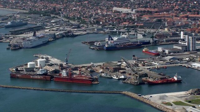 Aerial view of ships docked in the port of odense, denmark