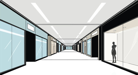 One-point perspective view of a long, empty shopping mall corridor with vacant storefronts and a lone mannequin.
