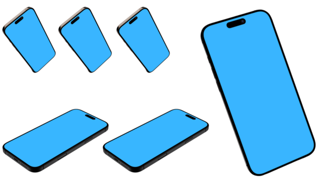 7-phone's horizontal on transparent background 16:9 - modern mobile isolated. Mobile phone blue mockup. 3d high quality vector smartphone mockups. Ultra realistic mobile device UI UX mockup
