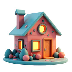 A charming, three-dimensional, stylized house, rendered in soft pinks and teal, with luminous windows and decorative accents, sits on a platform against a black background.