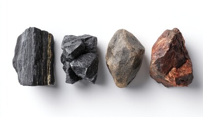 Four raw stones of varying dark gray, brown, and red hues arranged in a horizontal row against a white background.  Each stone has an uneven, natural texture