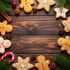 Festive gingerbread cookies arranged on a dark wooden table