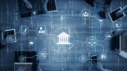 Futuristic digital law interface displaying justice scale, highlighting digital law, AI compliance,...