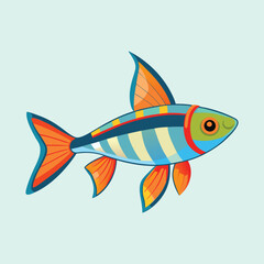 Colorful Cartoon Fish with Orange Fins and Stripes Swimming in Blue Water
