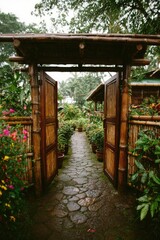 A weathered stone path winds through a lush garden, framed by a bamboo gate, inviting the viewer into a tranquil and secluded space.