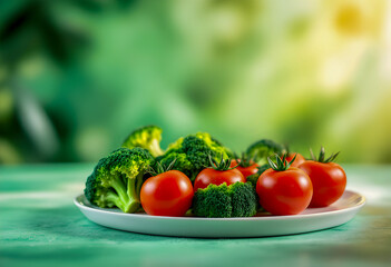 Fresh plate of red cherry tomatoes and green broccoli florets arranged on a white dish with a bright green blurred background creating a healthy colorful and appetizing vegetable display