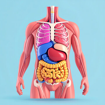 Human torso anatomy showing playful colorful internal organ set with simplified lungs, liver, stomach, intestines and ribcage for early learners
