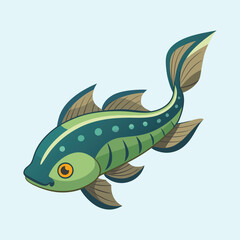 Stylized cartoon fish with green and blue colors on a light blue background