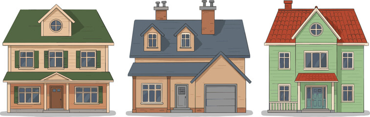 modern suburban house illustration, cozy family home exterior, stylish architecture design, colorful residential buildings, detailed vector art