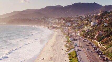 Scenic aerial view of the pacific coast highway and beach in malibu, california