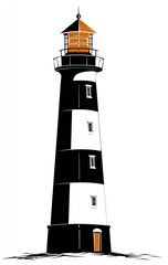 A black and white lighthouse, with an orange roof