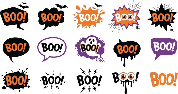Halloween themed image with various speech bubbles saying "BOO!".