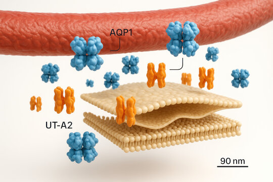 Scientific illustration depicting aquaporin 1 (AQP1) and urea transporter UT-A2 proteins embedded in a cell membrane, with a blood vessel in the background.