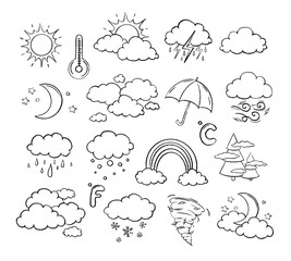 Line vector weather icon big set. Hand drawn by chalk. Outline doodle Illustration with temperature, sun, rain, snow, cloud, storm, for climate forecast. Meteorology
