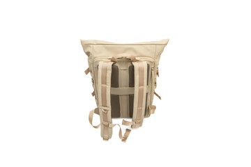 Top back view of beige backpack on a white background. Displays padded straps, mesh back panel, and top handle. Backpack on a transparent background.