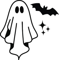 Cute Halloween Ghost with Bat Vector Illustration