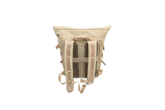 Top back view of beige backpack on a white background. Displays padded straps, mesh back panel, and top handle. Backpack on a transparent background.