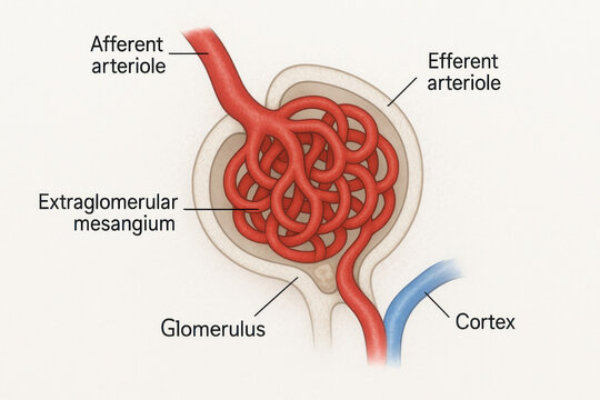 Detailed illustration of a renal corpuscle, highlighting the afferent and efferent arterioles, glomerulus, extraglomerular mesangium, and cortex.