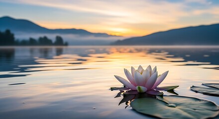 Tranquil Lotus Flower Blooms at Dawn on Serene Lake Surface